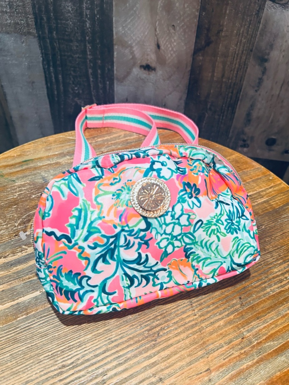Floral Pink Cosmetic Bag with Striped Handle